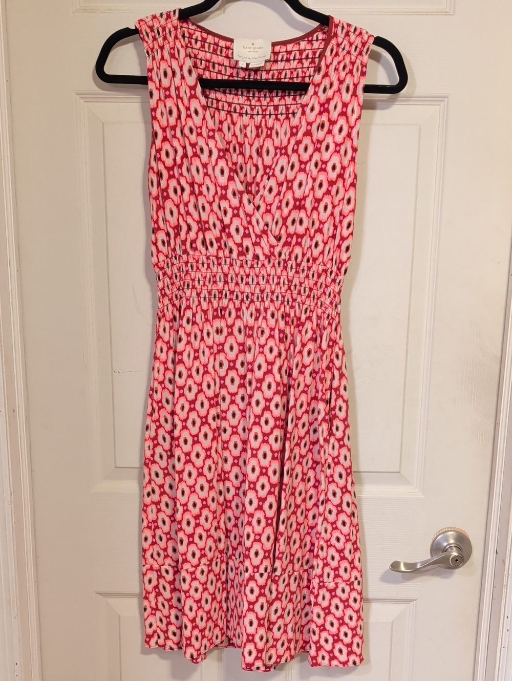 Kate Spade Posy Ikat Silk Blend Smocked A-Line Midi Dress Pink Red Size Small